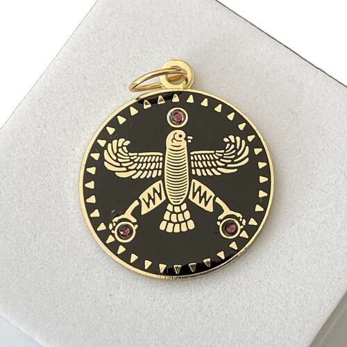 Round Pendant. The Persian Falcon. Black with 3 White Stones.