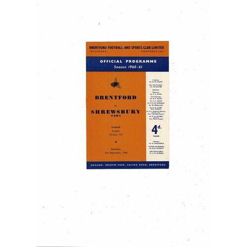 1960/61 Brentford v Shrewsbury Town Football Programme.