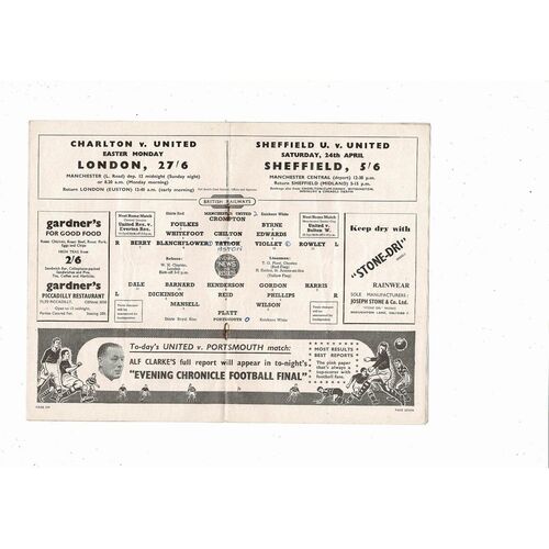 1953/54 Manchester United v Portsmouth Football Programme