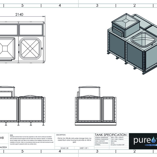 PW.2X1.5X1.IFB.AB - 3000 LITRE SECTIONAL WATER TANK, INTERNALLY FLANGED BASE (IFB) C/W FVH