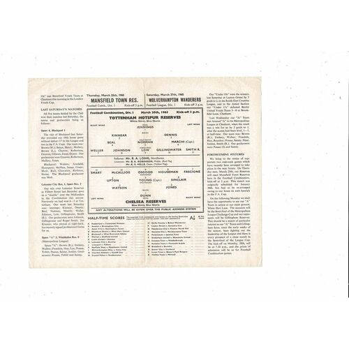 Tottenham Hotspur v Chelsea Football Combination Programme 1964/65 - Postponed