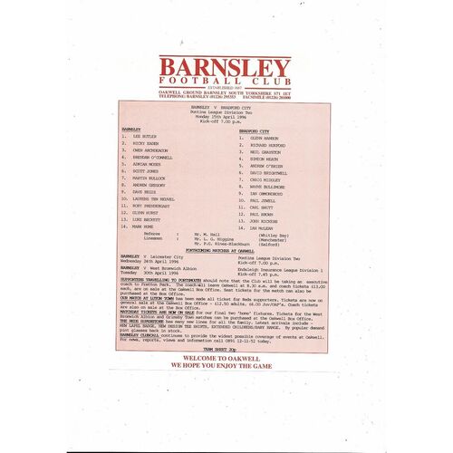 Barnsley v Bradford City Pontins League Football Programme 1995/96