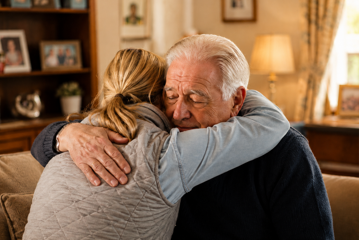 A daughter embraces her elderly dad in a warm, reassuring hug, capturing the love and concern families feel when a parent is struggling as a carer.