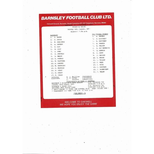 Barnsley v Nottingham Forest Friendly Football Programme 1985/86