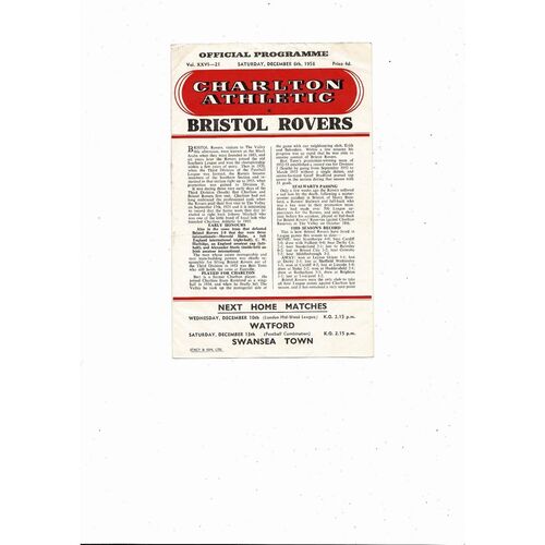 1958/59 Charlton Athletic v Bristol Rovers Football Programme