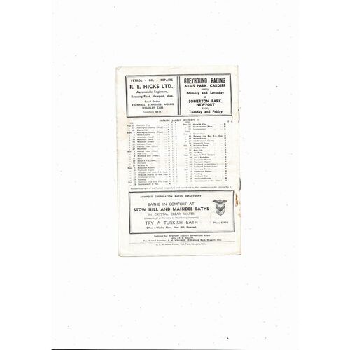 1958/59 Newport County v Bournemouth Football Programme
