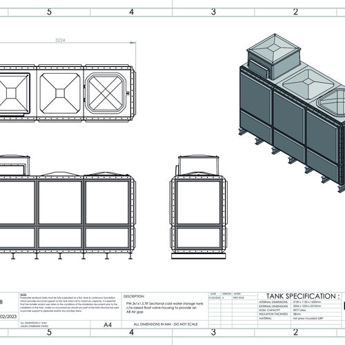 PW.3X1X1.5.TIF.AB - 5977 LITRE SECTIONAL WATER TANK, TOTALLY INTERNALLY FLANGED (TIF) C/W FVH