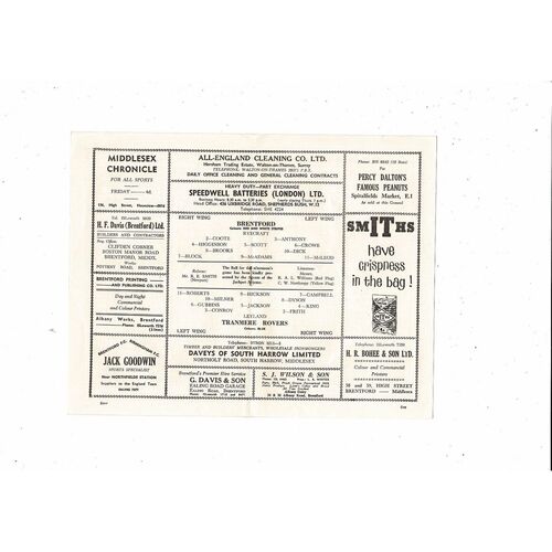 1962/63 Brentford v Tranmere Rovers Football Programme