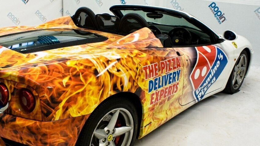 Business car wrap on a Ferrari 360 Spider installed at Popin in Cardiff.