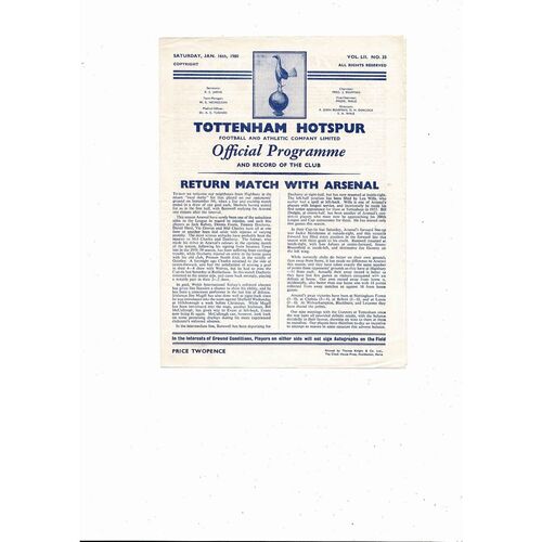 1959/60 Tottenham Hotspur v Arsenal Football Programme