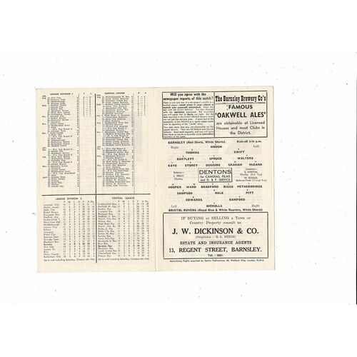 1956/57 Barnsley v Bristol Rovers Football Programme