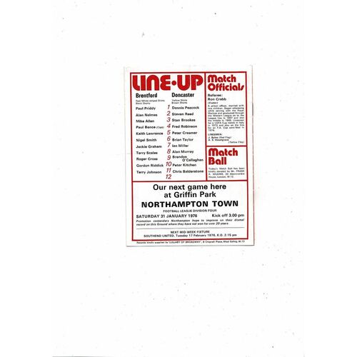 1975/76 Brentford v Doncaster Rovers Football Programme