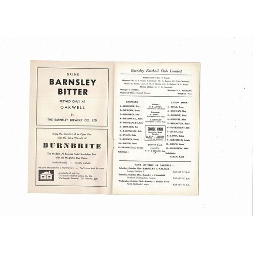 1968/69 Barnsley v Luton Town Football Programme