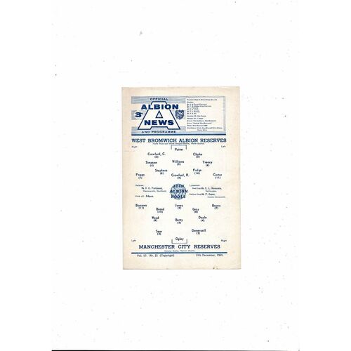 West Bromwich Albion v Manchester City Central League Football Programme 1965/66