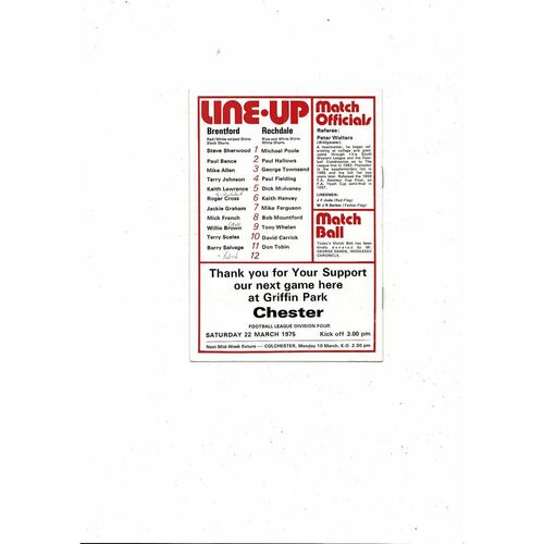 1974/75 Brentford v Rochdale Football Programme