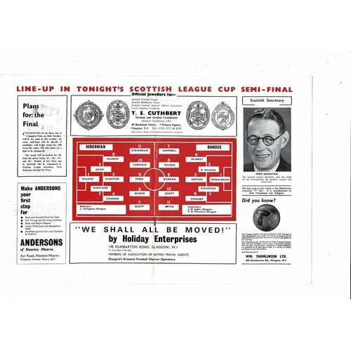 1968/69 Hibernian v Dundee Scottish League Cup Semi Final Programme