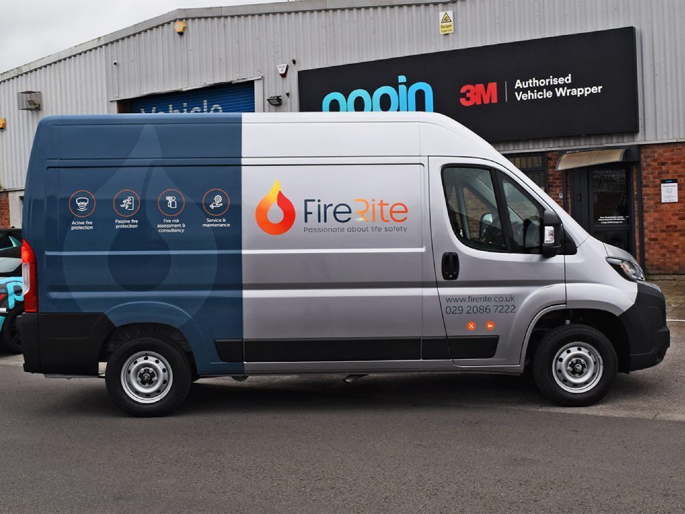 Half van wrap and branded graphics on a Vauxhall Movano vehicle outside Popin in Cardiff.