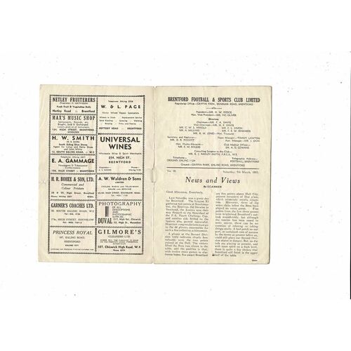 1952/53 Brentford v Notts County Football Programme