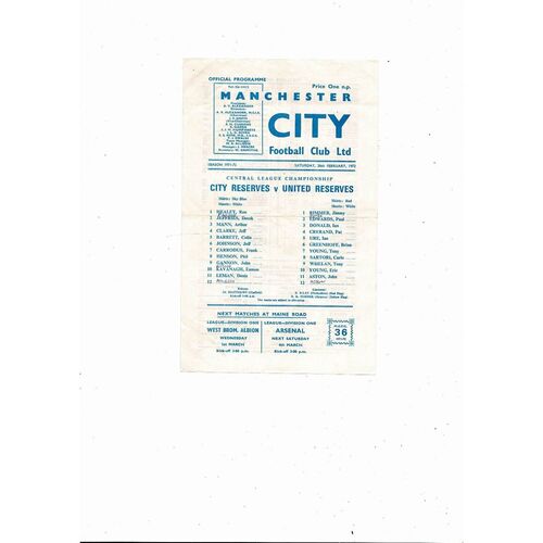 Manchester City v Manchester United Central League Football Programme 1971/72
