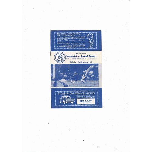 Southend United v Berwick Rangers Friendly Football Programme 1966/67