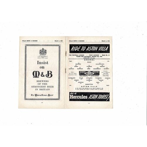 1960/61 Aston Villa v Arsenal Football Programme