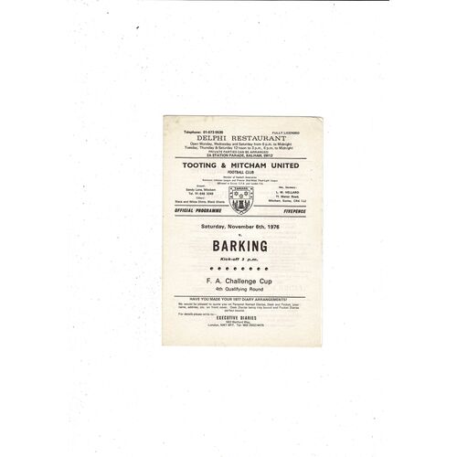 Tooting & Mitcham v Crystal Palace FA Cup Football Programme 1974/75