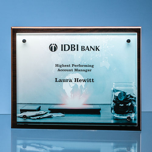 20cm x 28cm x 5mm Clear Glass Rectangle on a 17mm Thick Brown Wood Plaque