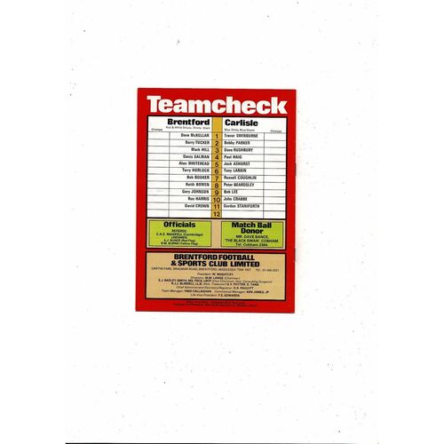 1981/82 Brentford v Carlisle United Football Programme