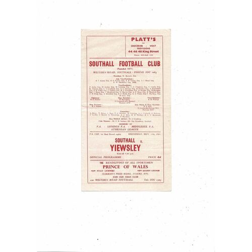 Southall v Yiewsley FA Cup Replay Football Programme 1963/64
