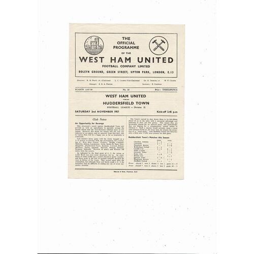 1957/58 West Ham United v Huddersfield Town Football Programme