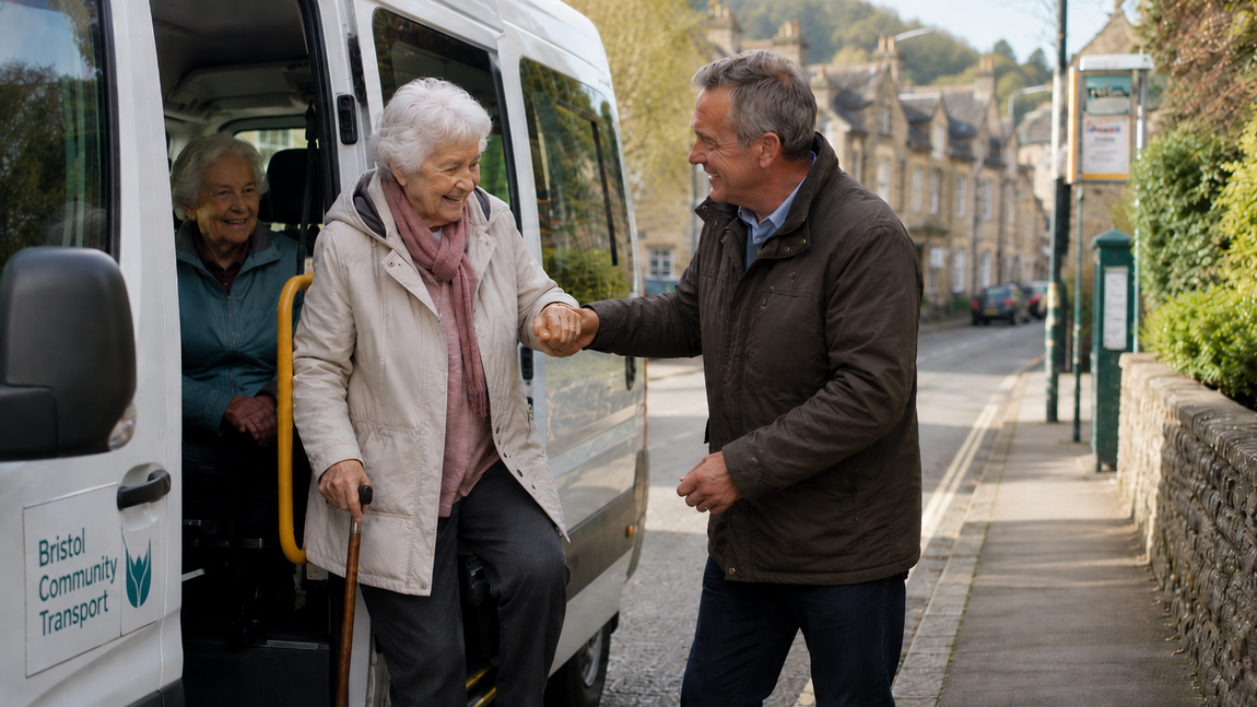 Older woman being helped safely from an accessible community transport minibus by a friendly support worker.