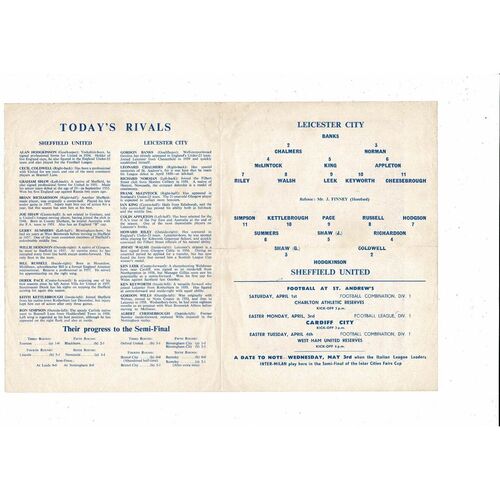 1961 Leicester City v Sheffield United FA Cup Semi Final 2nd Replay Football Programme