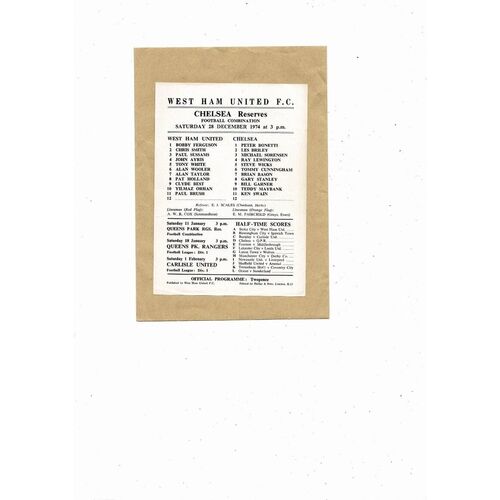 West Ham United v Chelsea Football Combination Programme 1974/75