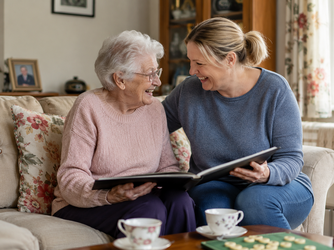 Older woman and middle-aged woman sitting on a of a together, smiling as they look through a photo album with cups of tea nearby.