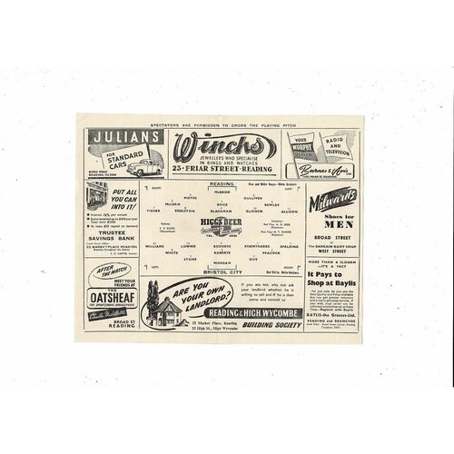 1949/50 Reading v Bristol City Football Programme + Small Press Cutting