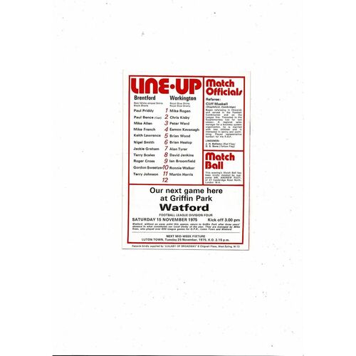 1975/76 Brentford v Workington Football Programme