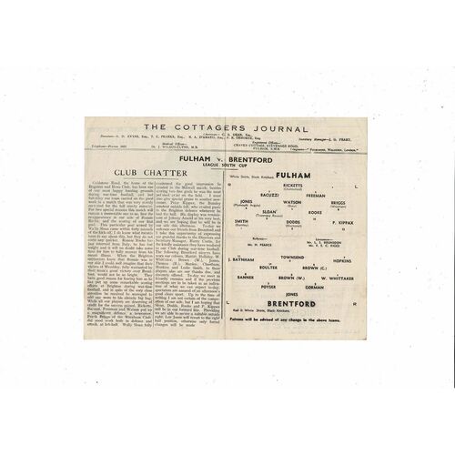 1944/45 Fulham v Brentford League South Cup Football Programme