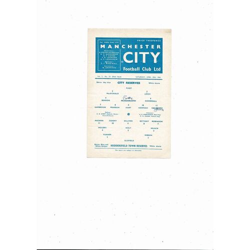 Manchester City v Huddersfield Town Central League Football Programme 1960/61