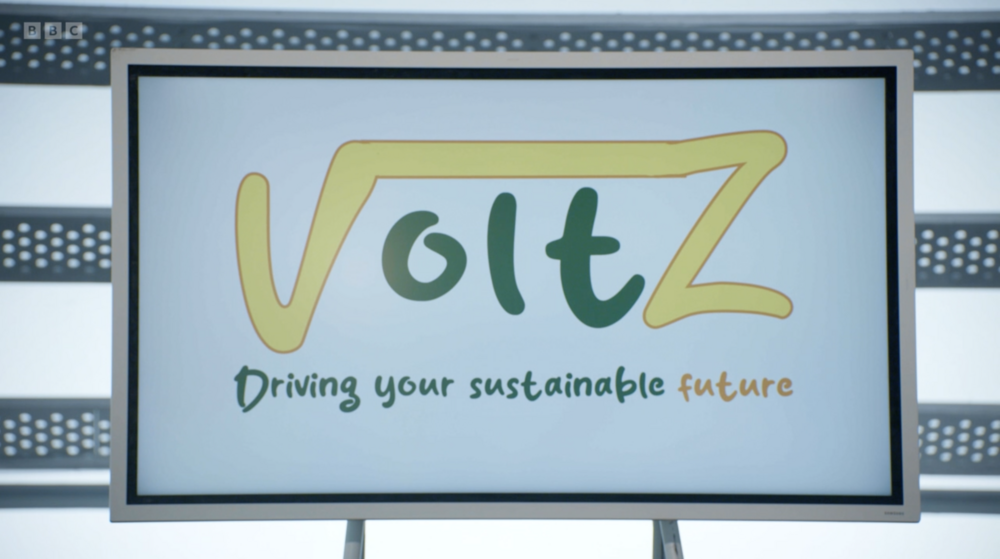 A screen with text on it. Logo for voltz the apprentice
