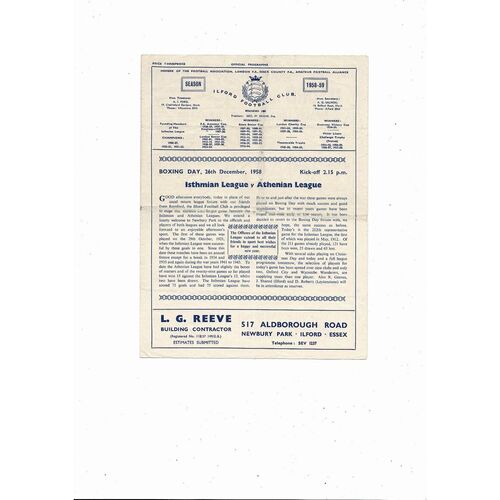 Isthmian League v Athenian League Friendly Football Programme 1958/59