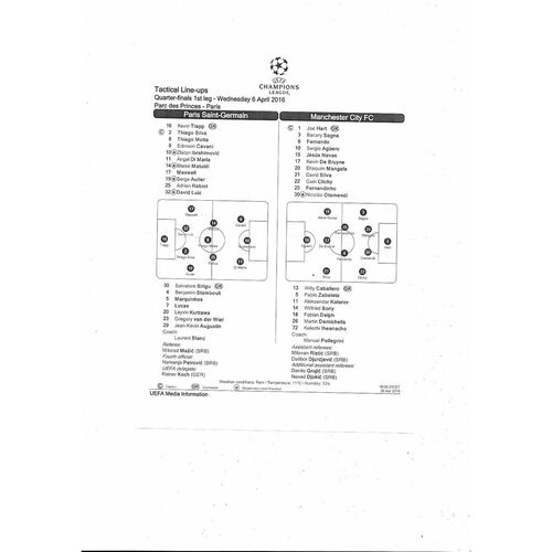 Paris Saint-Germain v Manchester City Champions League Football Programme & Team Sheet 2015/16