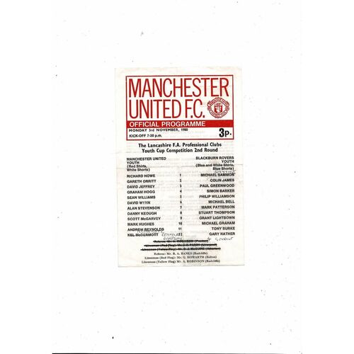 Manchester United v Blackburn Lancashire Youth Cup Football Programme 1980/81