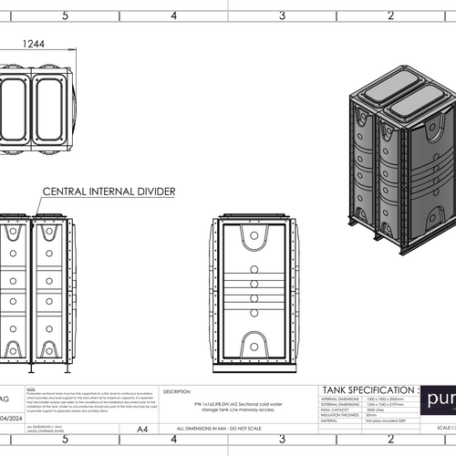 PW.1X1X2.IFB.DIV.AG(0.5+0.5) - 2000 LITRE SECTIONAL WATER TANK, INTERNALLY FLANGED BASE (IFB)