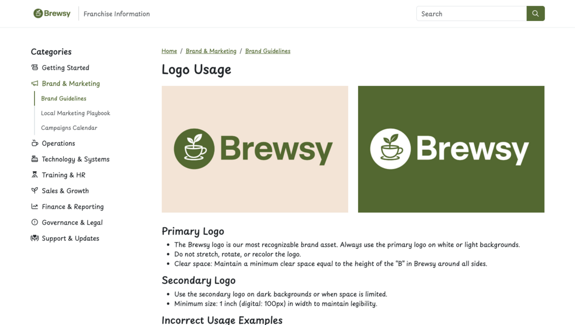 Screenshot showing Webfactory Knowledge Base franchise website showing simple and easy to follow layout.