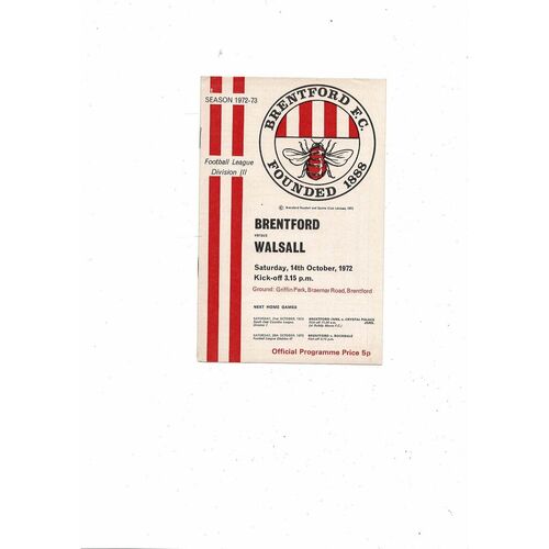 1972/73 Brentford v Walsall Football Programme