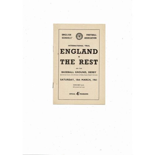 1961 England v The Rest Schools International Football Programme @ Derby County
