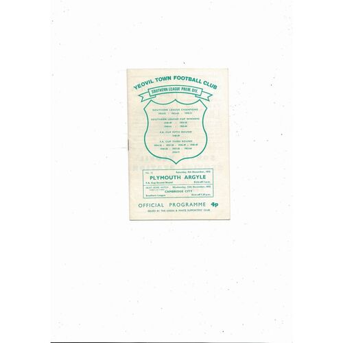 Yeovil Town v Plymouth Arglye FA Cup Football Programme