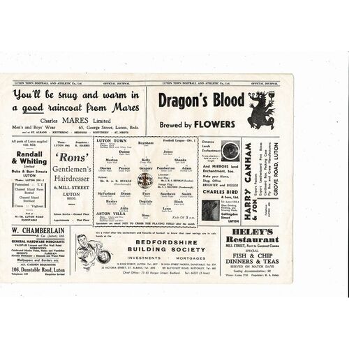 1955/56 Luton Town v Aston Villa Football Programme