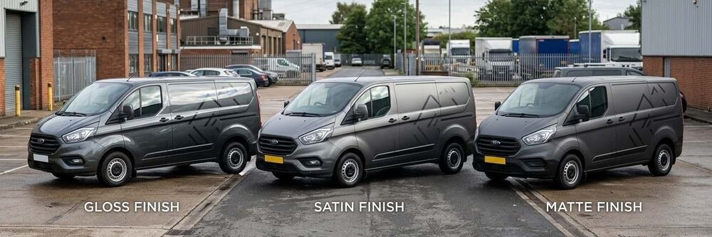 Side-by-side comparison of gloss, satin, and matte vehicle wrap finishes on a professional van in the UK.