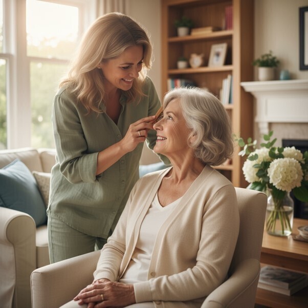 Adult daughter gently brushing her elderly mum's hair at home, showing dignity, comfort and confidence in personal care support at Your Care Bristol.